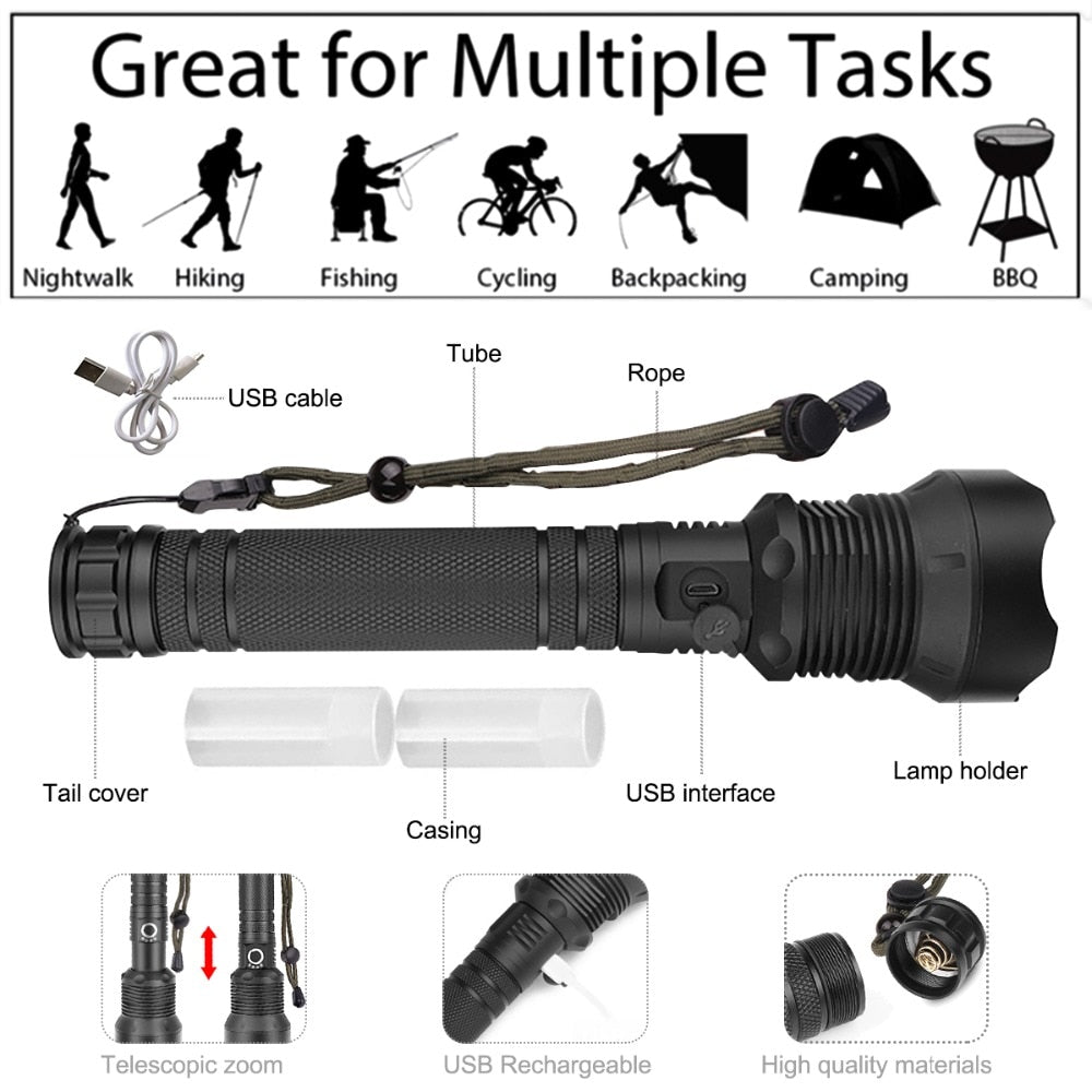 LED Rechargeable Tactical Flashlight 90000 High Lumens