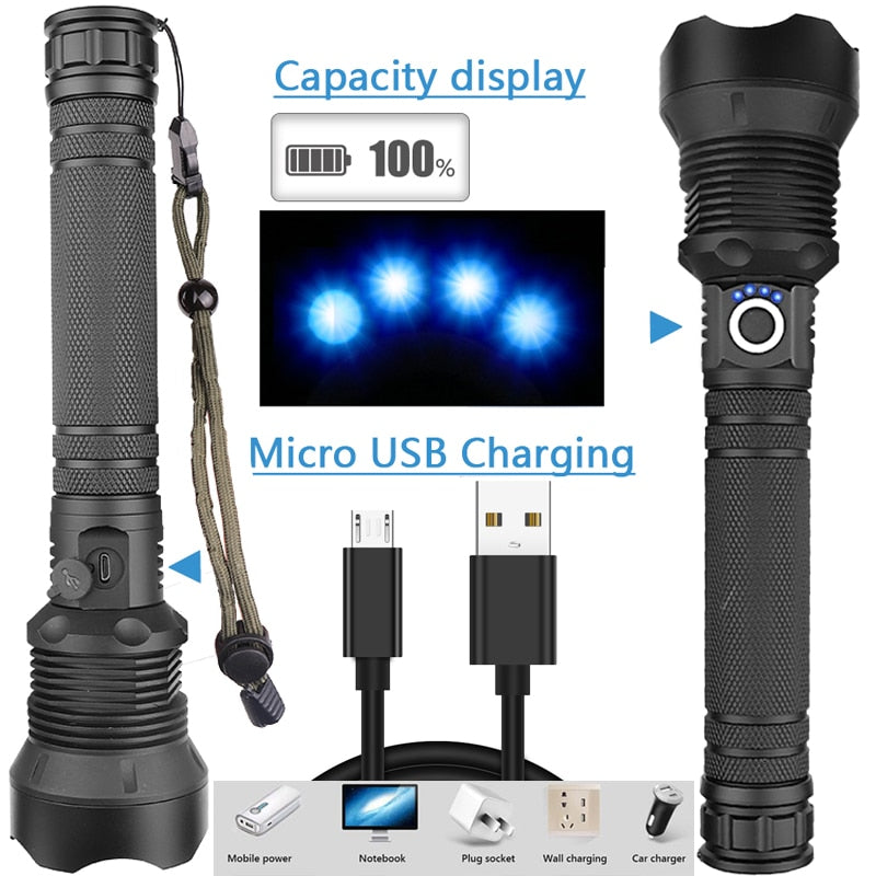 LED Rechargeable Tactical Flashlight 90000 High Lumens