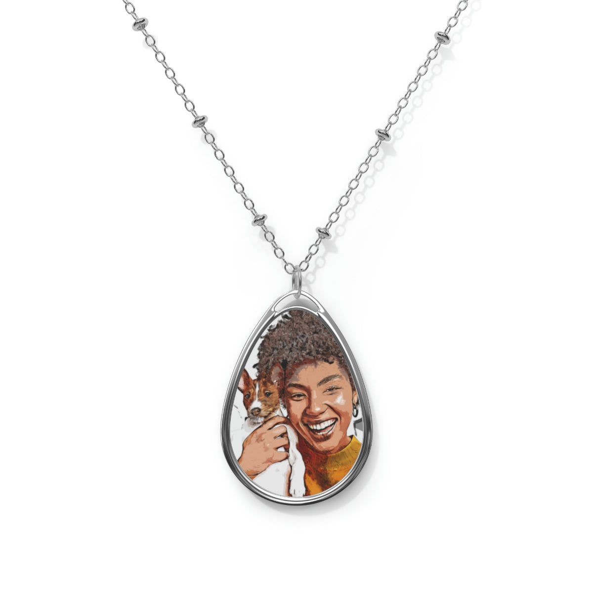 Colored Sketch Photo of You and Your Pet Oval Necklace